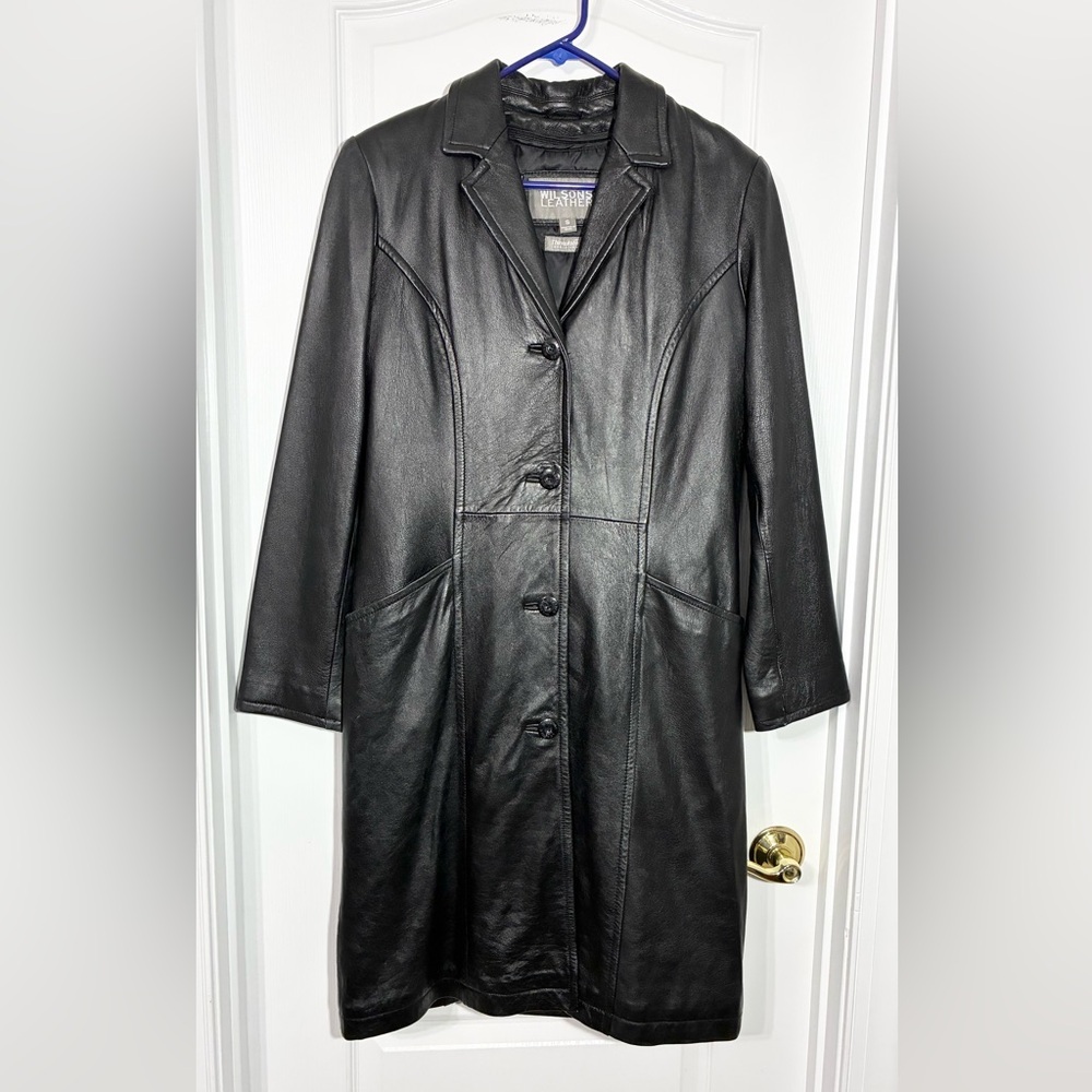90s Wilsons Leather Trench Coat Zip In Thinsulate Liner Vintage Black Size Small